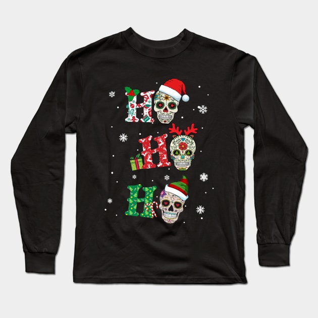 Ho Ho Ho Funny Sugar Skull Christmas Lights Long Sleeve T-Shirt by Dunnhlpp